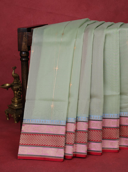 Pastel Green-Red Banarasi Kora Saree