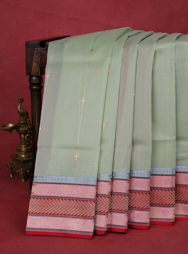 Pastel Green-Red Banarasi Kora Saree