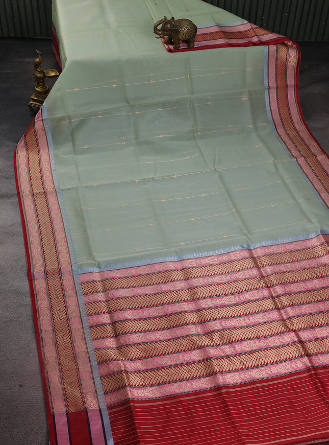 Pastel Green-Red Banarasi Kora Saree