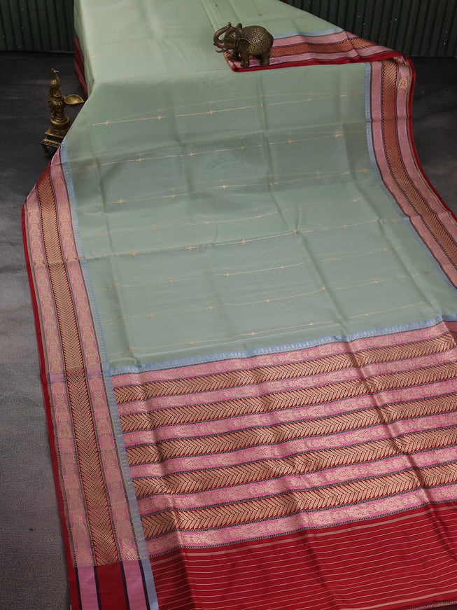 Pastel Green-Red Banarasi Kora Saree