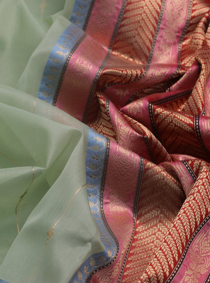 Pastel Green-Red Banarasi Kora Saree