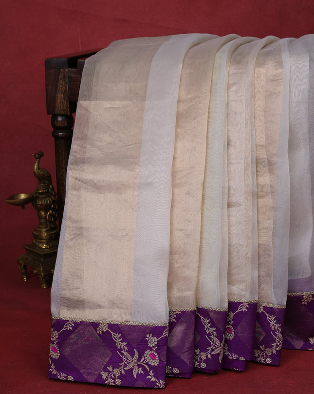 Off White-Violet Light Green Pure Organza Silk Saree