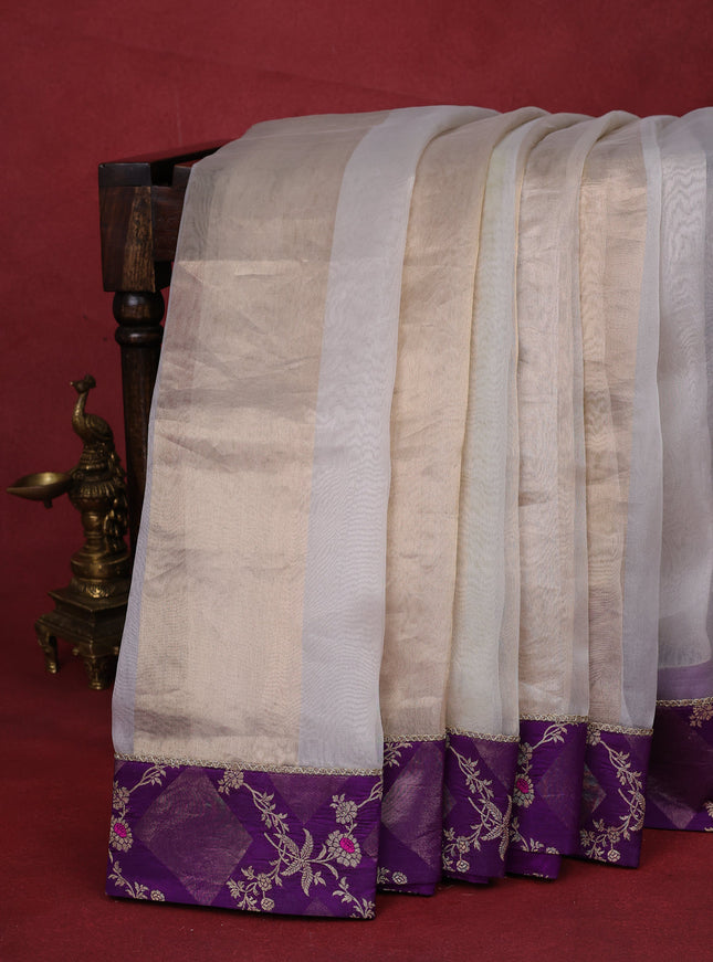 Off White-Violet Light Green Pure Organza Silk Saree