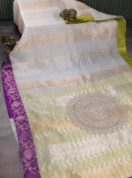 Off White-Violet Light Green Pure Organza Silk Saree