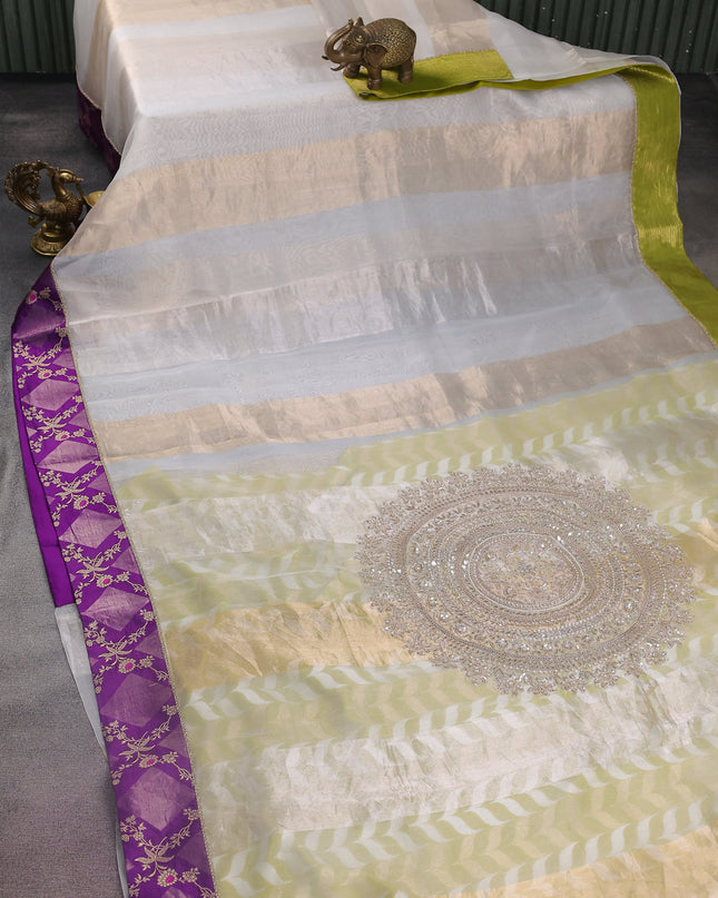 Off White-Violet Light Green Pure Organza Silk Saree