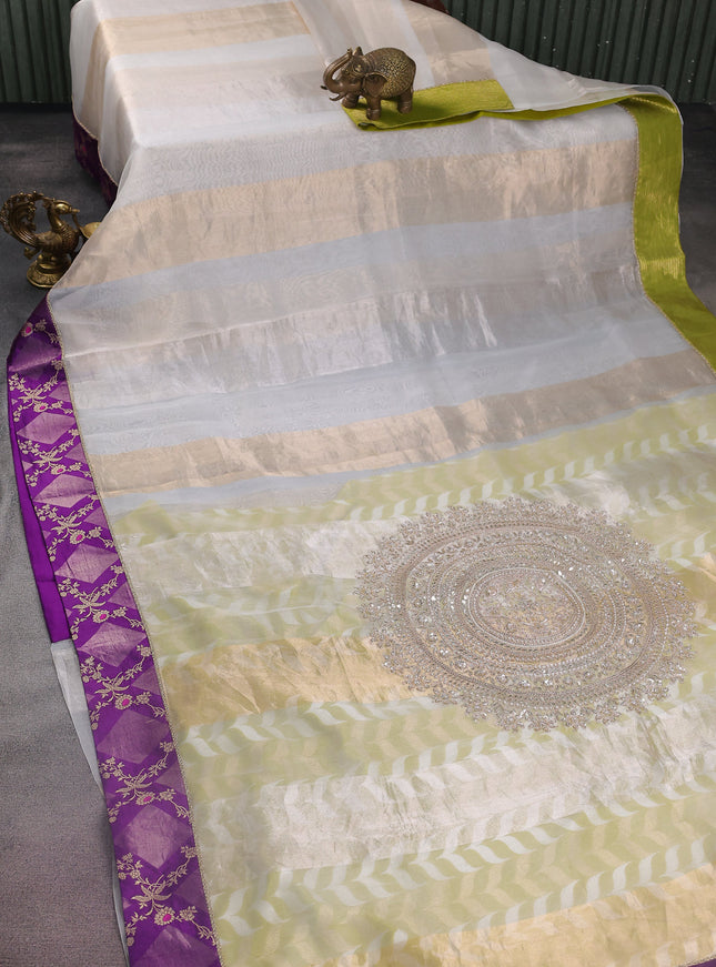 Off White-Violet Light Green Pure Organza Silk Saree