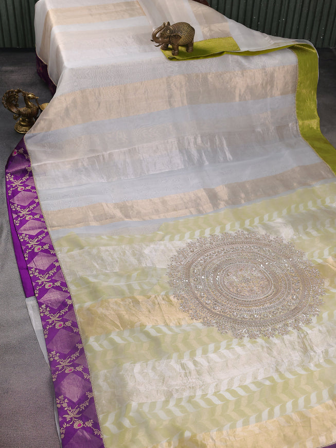 Off White-Violet Light Green Pure Organza Silk Saree