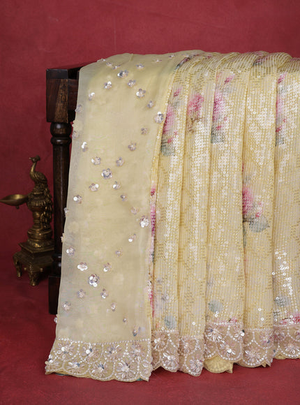 Pale Yellow Georgette Sequin Work Saree