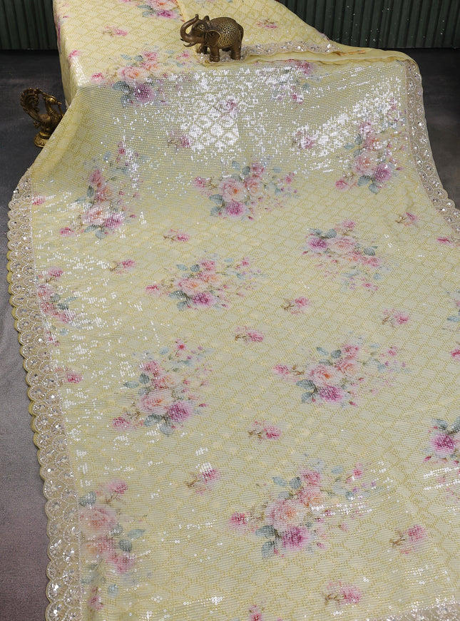 Pale Yellow Georgette Sequin Work Saree