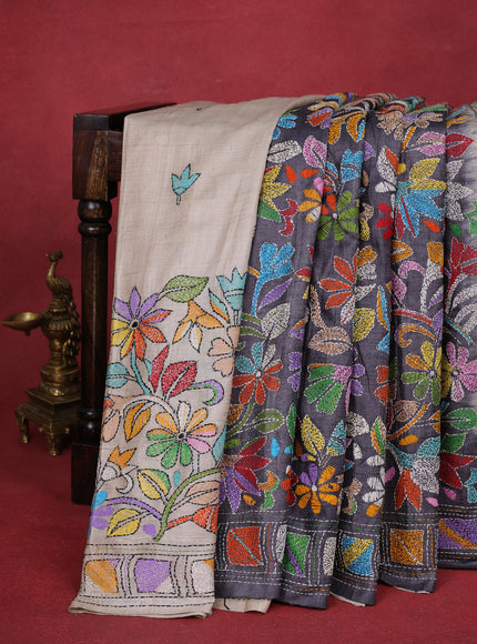 Pastel Grey -Dark Grey Tussar Silk Saree