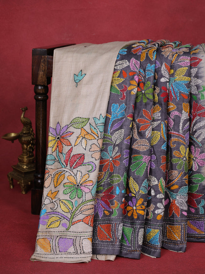 Pastel Grey -Dark Grey Tussar Silk Saree