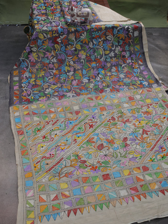 Pastel Grey -Dark Grey Tussar Silk Saree