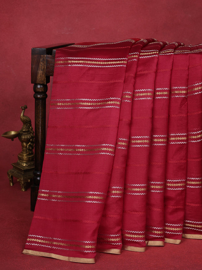 Red Chiniya Silk Saree With Embroidery Readymade Blouse