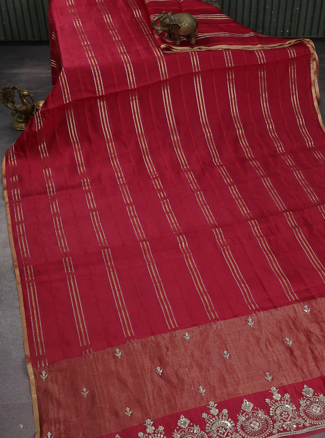 Red Chiniya Silk Saree With Embroidery Readymade Blouse
