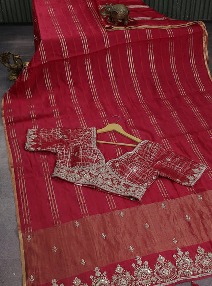 Red Chiniya Silk Saree With Embroidery Readymade Blouse