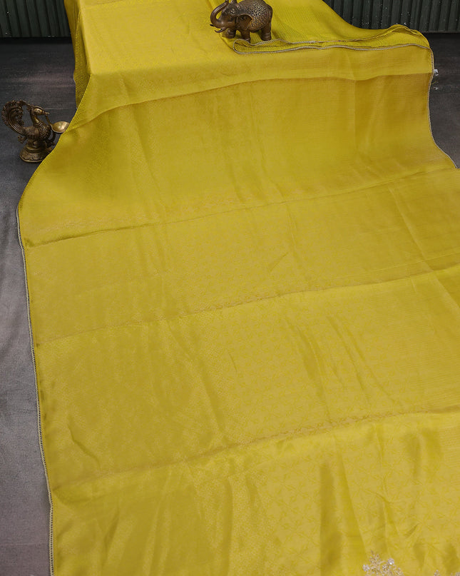 Lime Yellow Banarasi Silk Saree With Embroidery Readymade Blouse