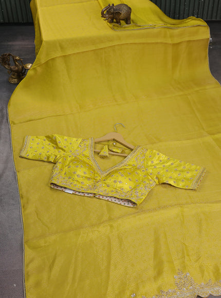 Lime Yellow Banarasi Silk Saree With Embroidery Readymade Blouse