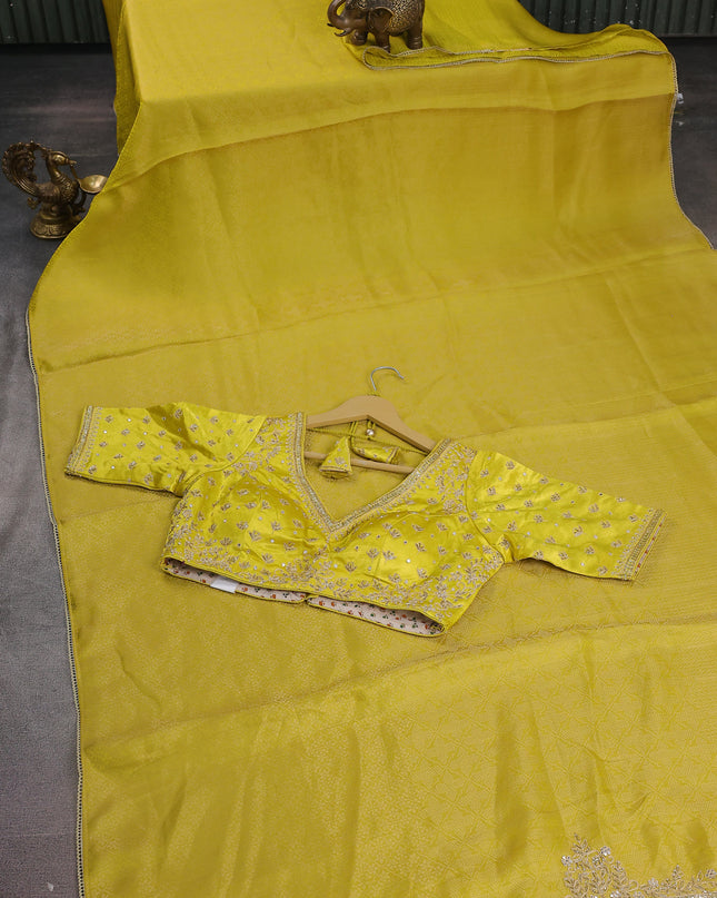 Lime Yellow Banarasi Silk Saree With Embroidery Readymade Blouse
