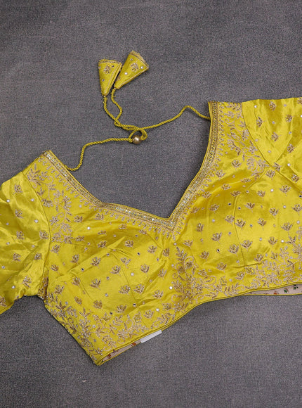 Lime Yellow Banarasi Silk Saree With Embroidery Readymade Blouse