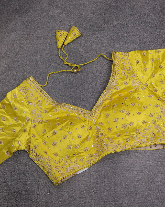 Lime Yellow Banarasi Silk Saree With Embroidery Readymade Blouse