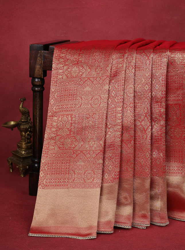 Red Banarasi Silk Saree With Embroidery Readymade Blouse
