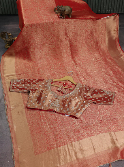 Red Banarasi Silk Saree With Embroidery Readymade Blouse