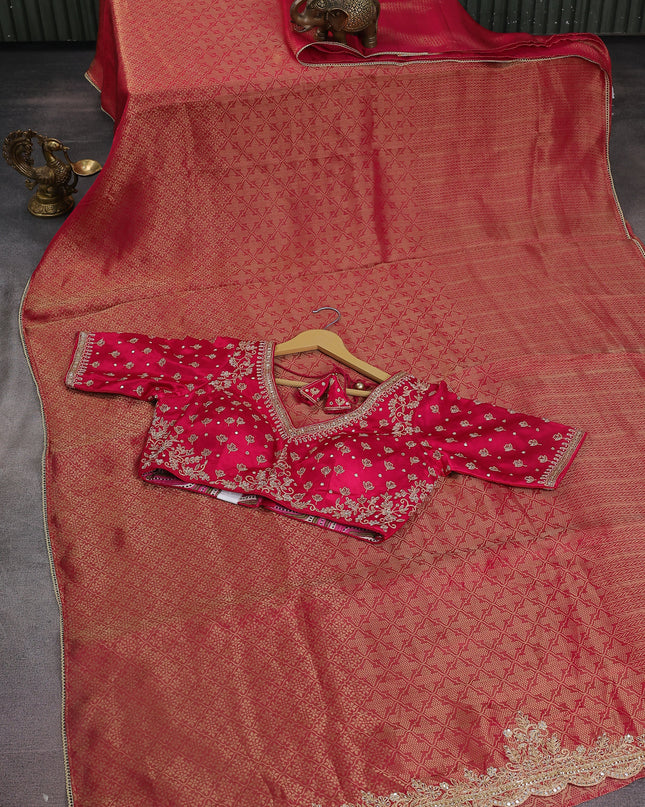Pink Banarasi Silk Saree With Embroidery Readymade Blouse
