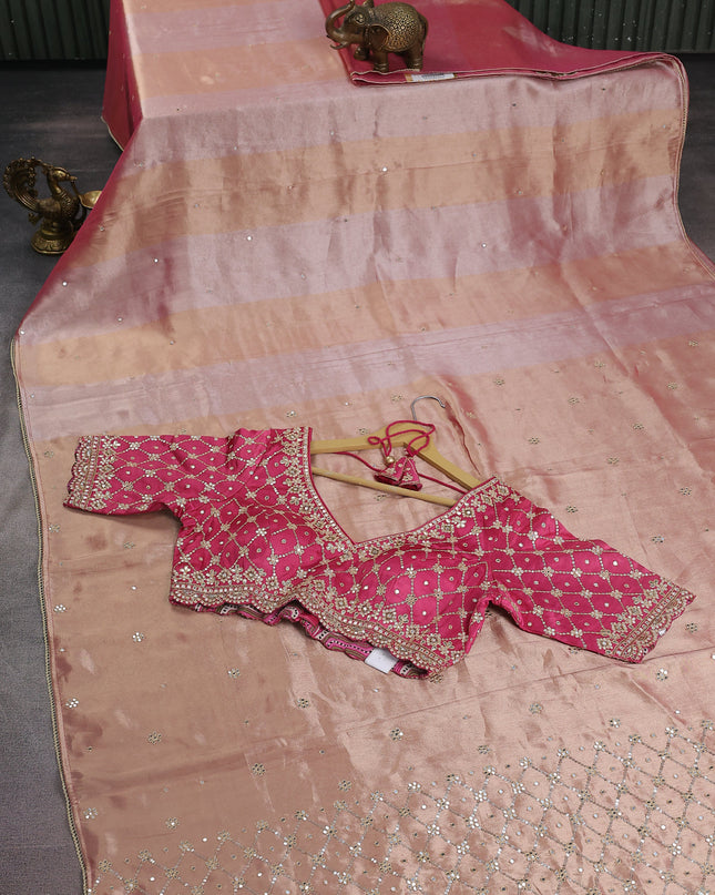 Pink Shade Tissue Silk Saree With Embroidery Readymade Blouse
