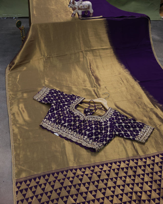 Violet Tissue Silk Saree With Embroidery Readymade Blouse