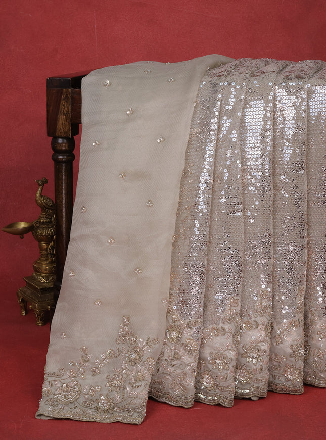 Grey Sequin Embroidered Netted Organza Designer Saree