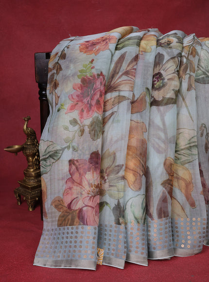 Pastel Blue Muslin Organza Silk Saree With Digital Prints