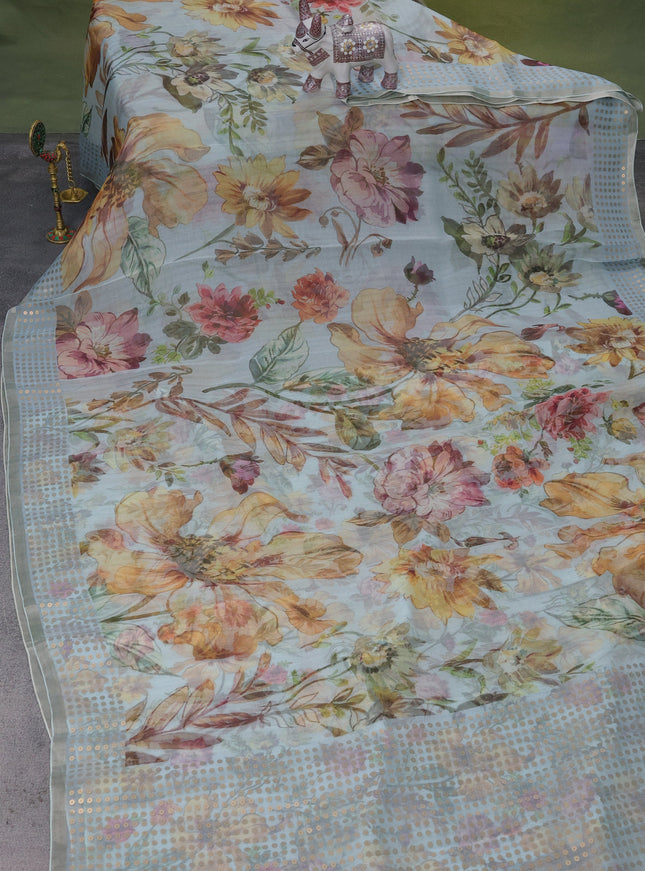 Pastel Blue Muslin Organza Silk Saree With Digital Prints