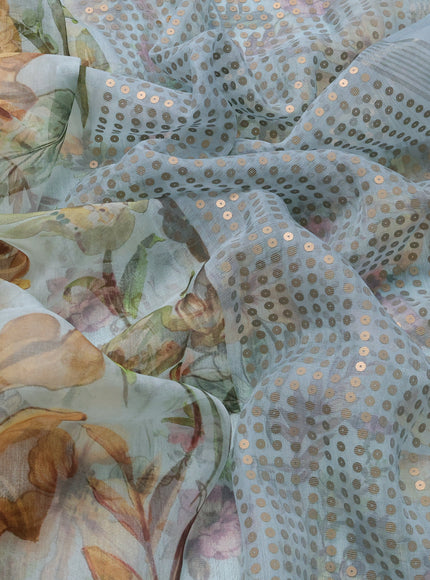 Pastel Blue Muslin Organza Silk Saree With Digital Prints