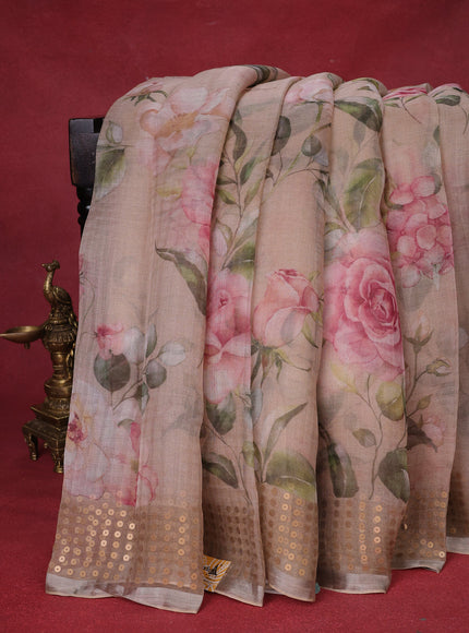 Beige Muslin Organza Silk Saree With Digital Prints