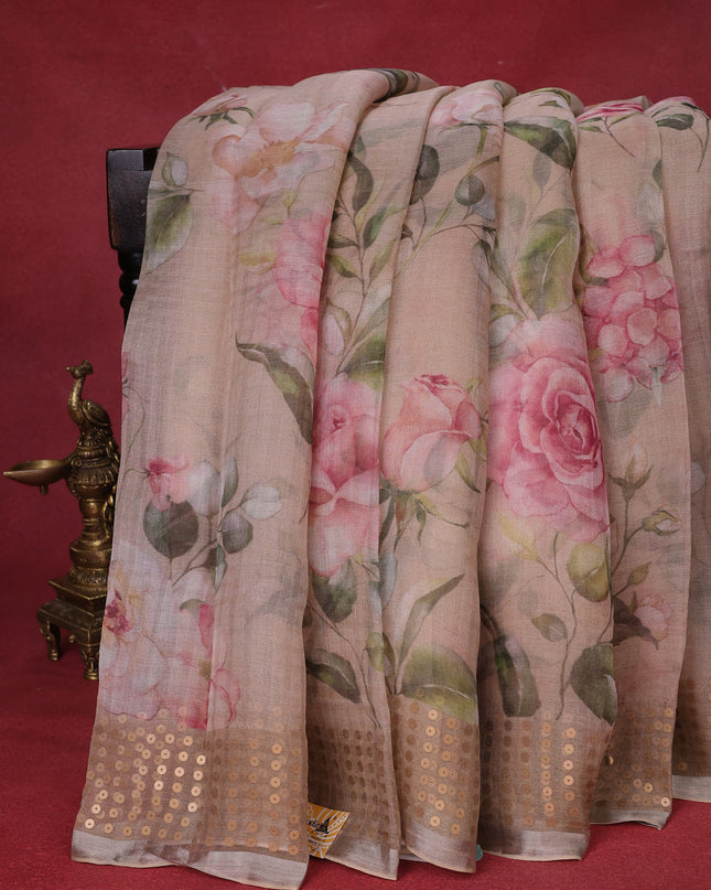 Beige Muslin Organza Silk Saree With Digital Prints
