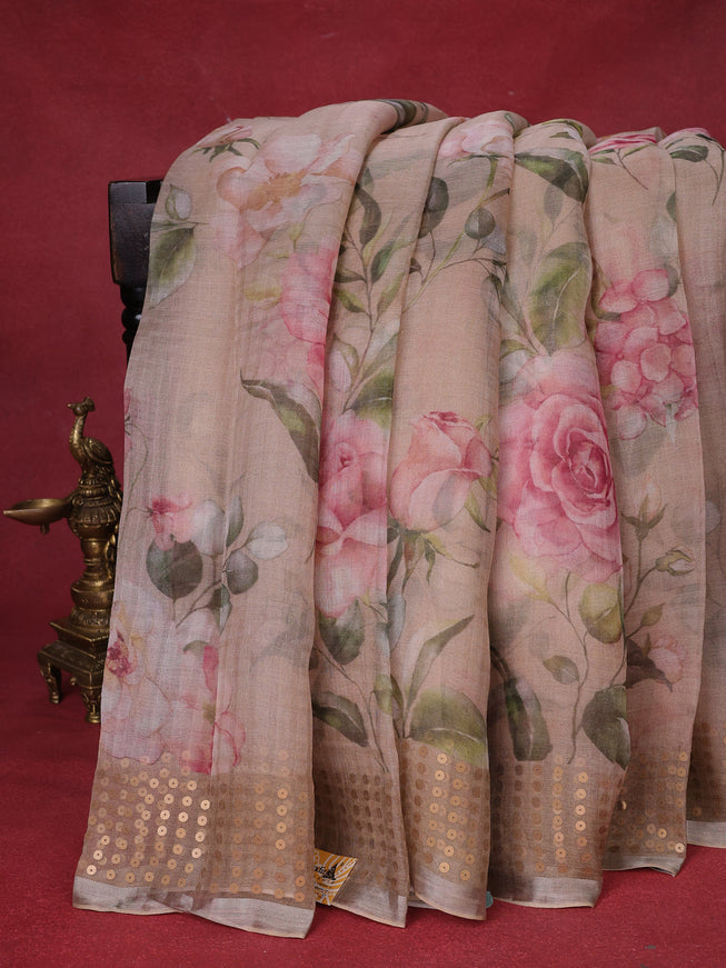 Beige Muslin Organza Silk Saree With Digital Prints