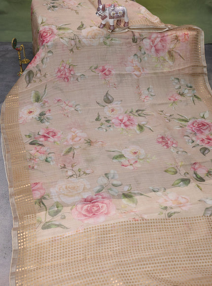 Beige Muslin Organza Silk Saree With Digital Prints