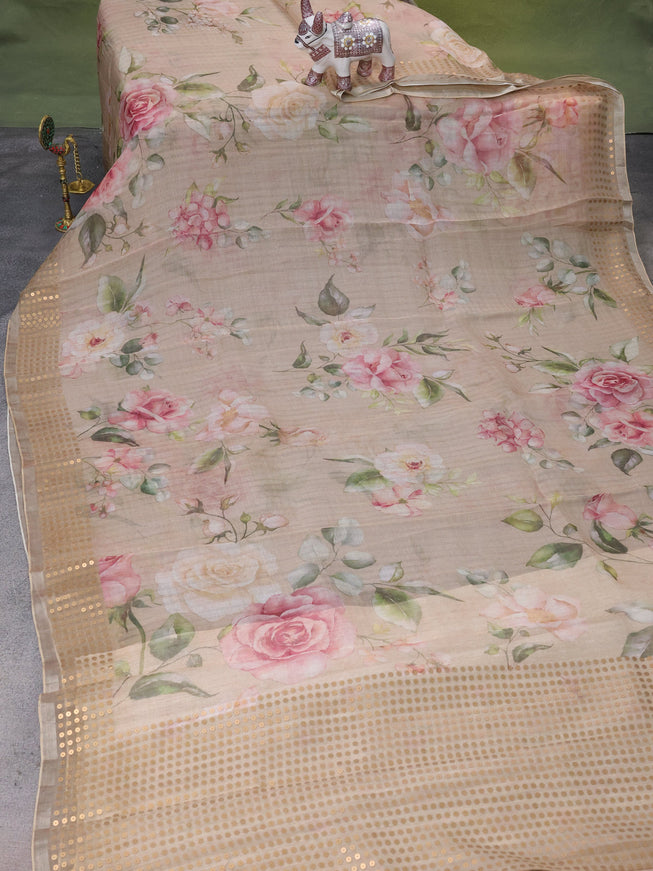 Beige Muslin Organza Silk Saree With Digital Prints