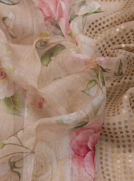 Beige Muslin Organza Silk Saree With Digital Prints
