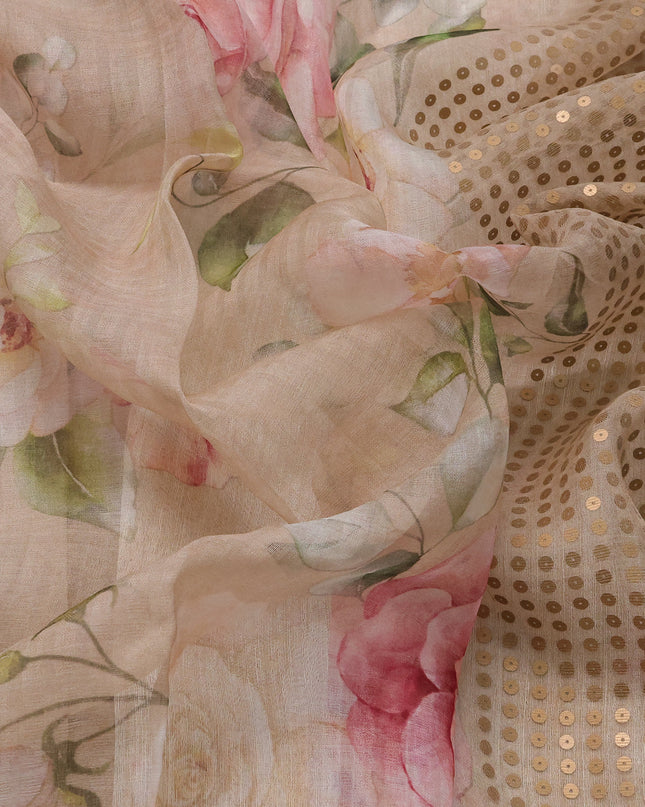 Beige Muslin Organza Silk Saree With Digital Prints