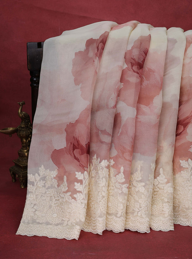 Cream Organza Silk Saree