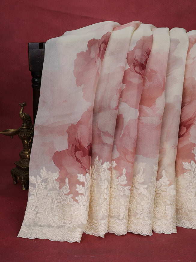 Cream Organza Silk Saree