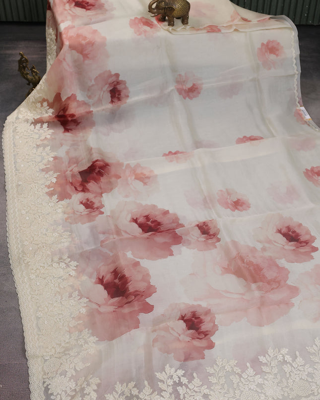 Cream Organza Silk Saree