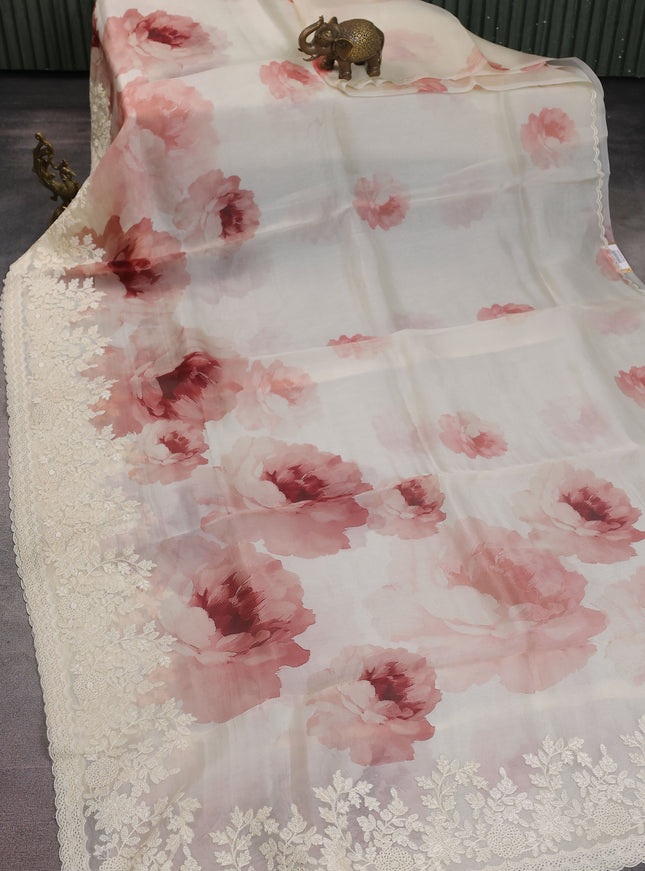 Cream Organza Silk Saree