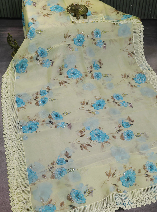 Pale Yellow Organza Silk Saree