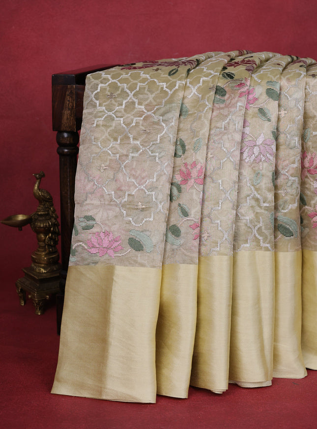 Pale Yellow Organza Silk Saree