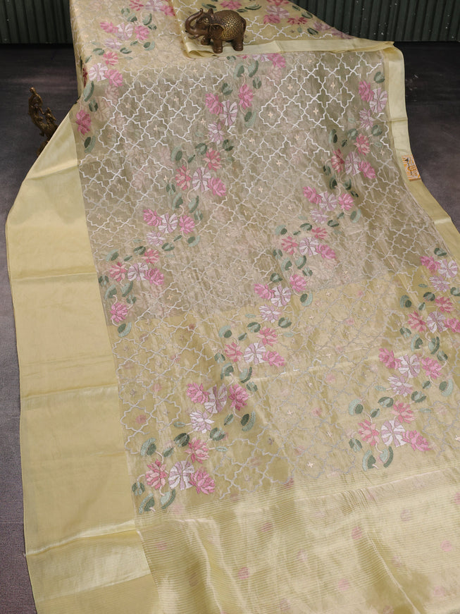 Pale Yellow Organza Silk Saree