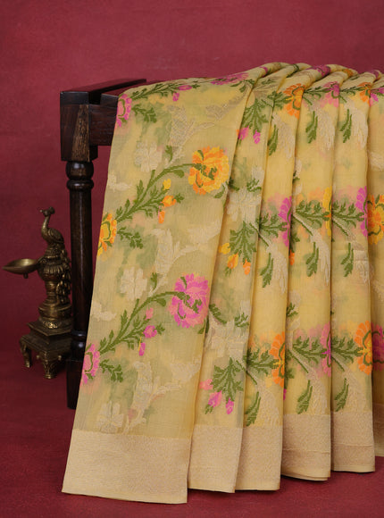 Pale Yellow Banarasi Kora Silk Saree