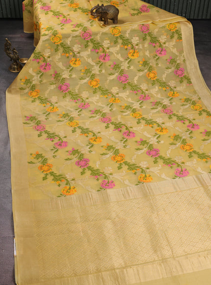 Pale Yellow Banarasi Kora Silk Saree