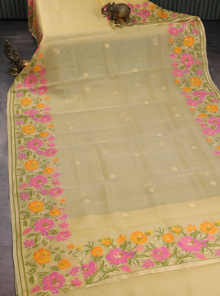 Pale Yellow Banarasi Kora Silk Saree